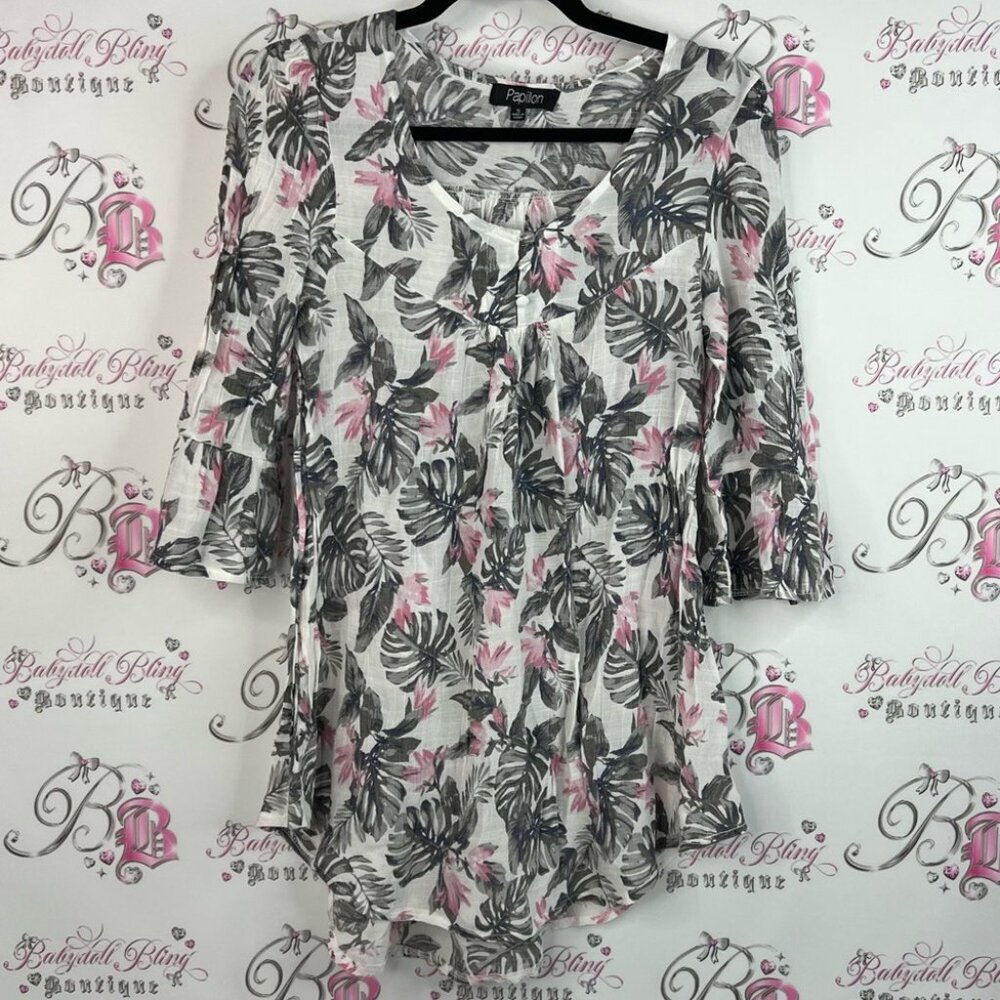 Papillon Blanc blouse ruffle sleeves tropical Pink Gray white Leaf Print Blouse